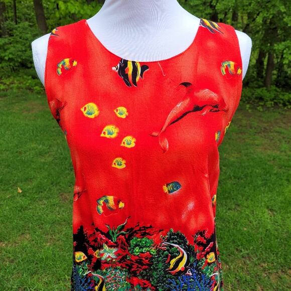 IN GEAR Sleeveless Orange Red Tropical Sea Dress with Fringe size Small - Picture 2 of 8